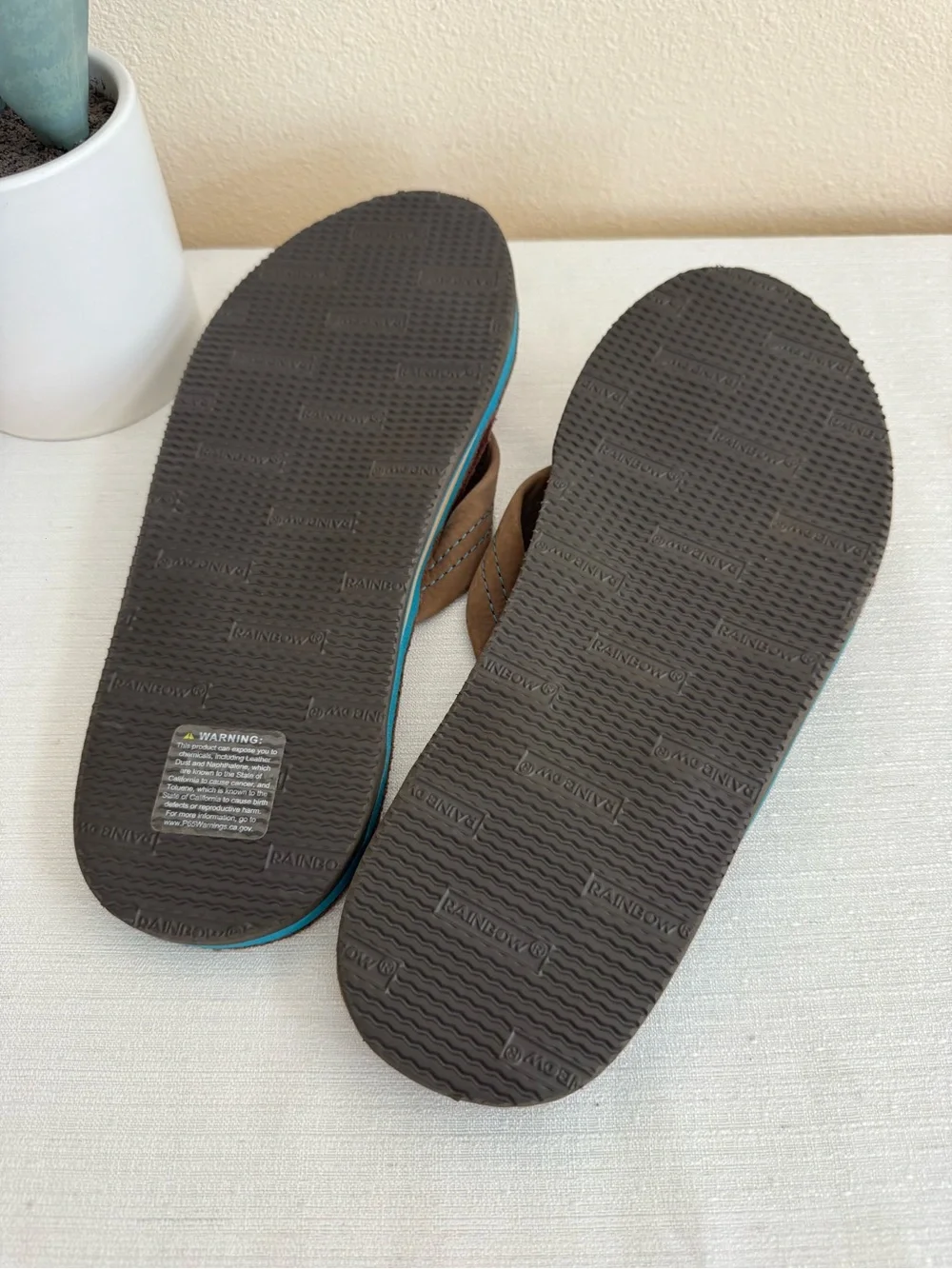 New Rainbow Brown Leather Flip Flop Sandals with Teal Midsole - Picture 10 of 12
